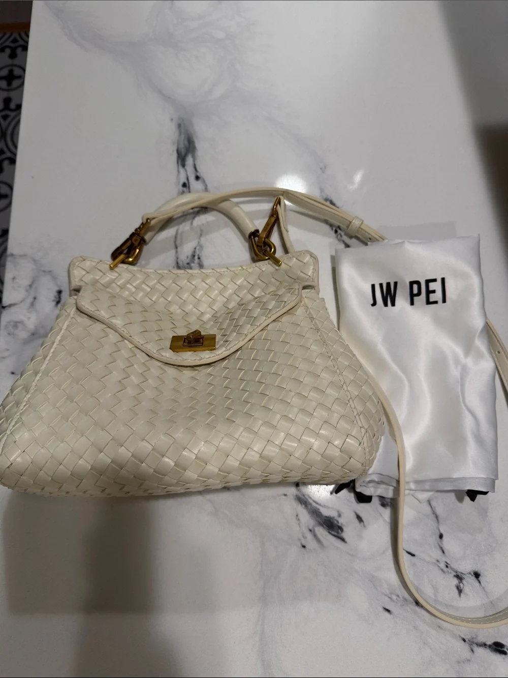 JW PEI Cream Woven Top-Handle Crossbody Bag with Gold Hardware